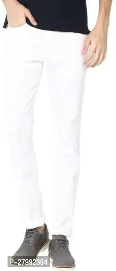 Elegant White Denim Solid Mid-Rise Jeans For Men-thumb0