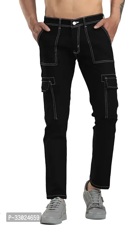 Stylish Black Denim Mid-Rise Cargos For Men-thumb4