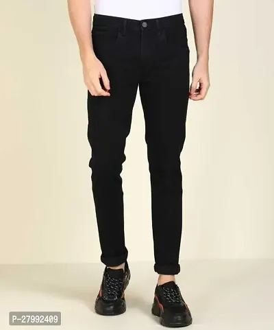 Elegant Black Denim Solid Mid-Rise Jeans For Men-thumb0