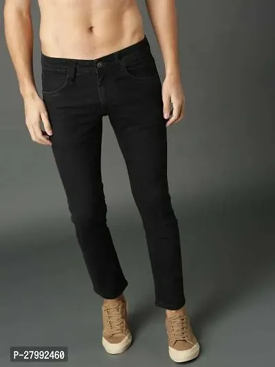 Elegant Black Denim Blend Solid Low-Rise Jeans For Men-thumb0