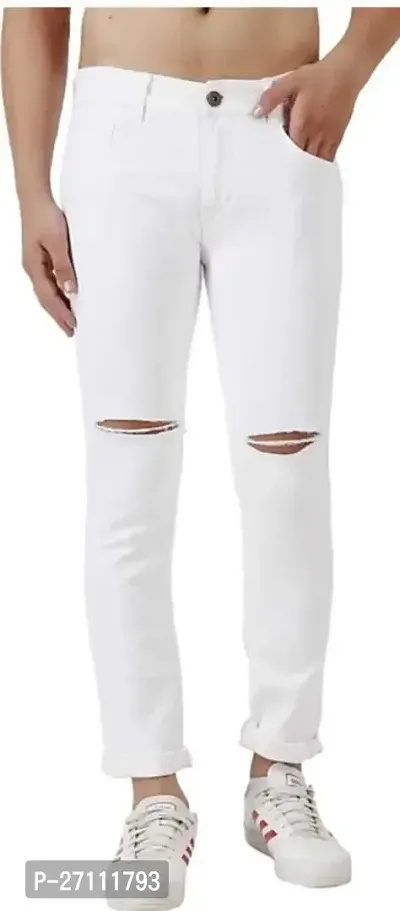 Stylish White Cotton Blend Mid-Rise Jeans For Men-thumb0