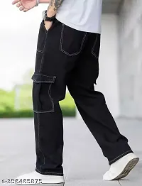 Stylish Black Denim Solid Cargos For Men-thumb1