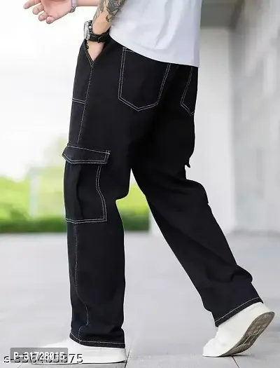 Stylish Black Denim Solid Cargos For Men-thumb2