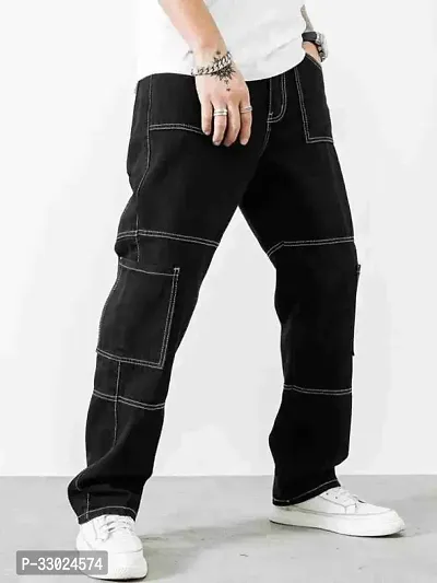 Stylish Black Cotton Blend Mid-Rise Cargos For Men-thumb0