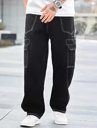 Stylish Black Cotton Blend Mid-Rise Cargos For Men-thumb3