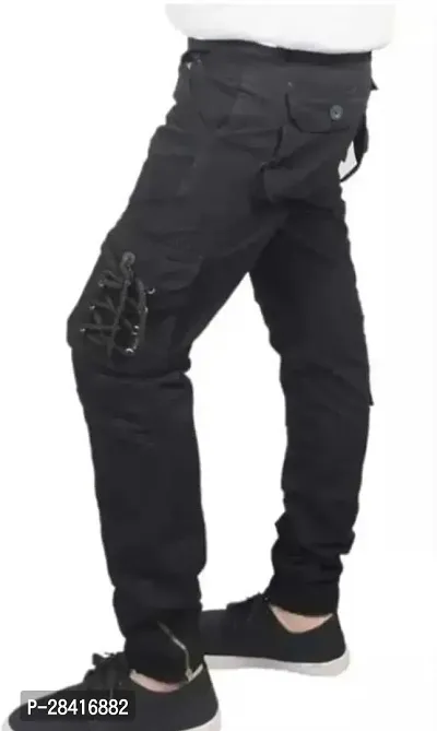 Stylish Black Cotton Blend Regular Fit Solid Cargo Pant For Men-thumb3