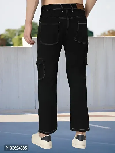 Stylish Black Cotton Blend Mid-Rise Cargos For Men-thumb2