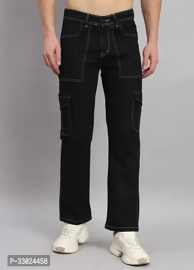 Stylish Black Denim Mid-Rise Cargos For Men-thumb0