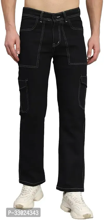 Stylish Black Denim Mid-Rise Cargos For Men-thumb0