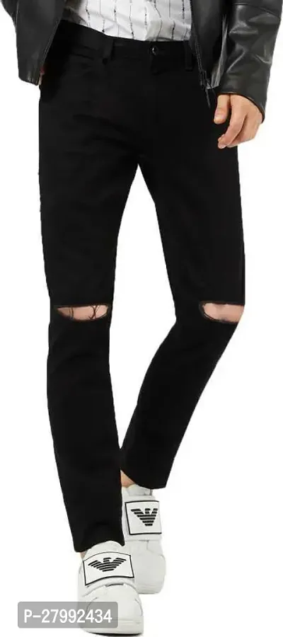 Elegant Black Denim Distress Mid-Rise Jeans For Men-thumb0