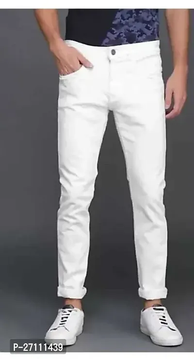 Stylish White Cotton Blend Mid-Rise Jeans For Men-thumb0