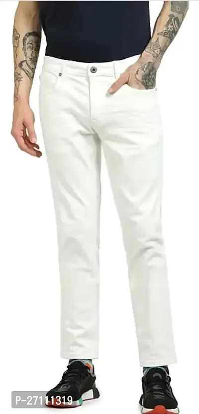 Stylish White Cotton Blend Mid-Rise Jeans For Men-thumb0