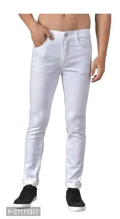 Stylish White Cotton Blend Mid-Rise Jeans For Men-thumb0