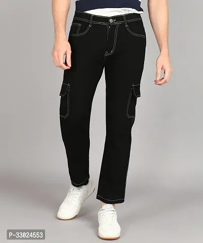 Stylish Black Denim Mid-Rise Cargos For Men-thumb0