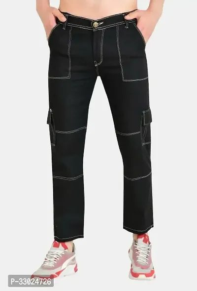 Stylish Black Denim Mid-Rise Cargos For Men-thumb0