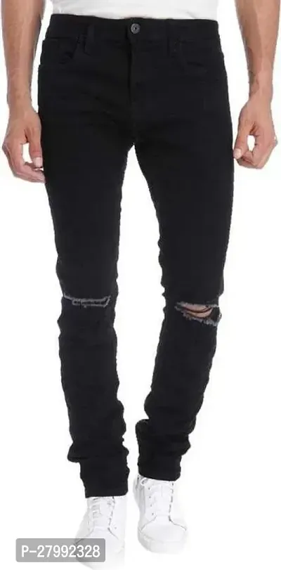 Elegant Black Denim Distress Mid-Rise Jeans For Men-thumb0