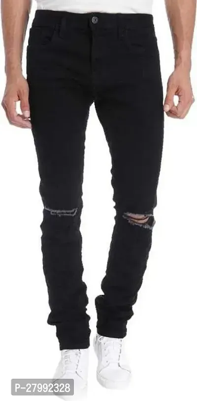 Elegant Black Denim Distress Mid-Rise Jeans For Men