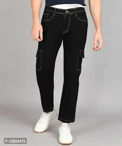 Stylish Black Cotton Blend Mid-Rise Cargos For Men-thumb2