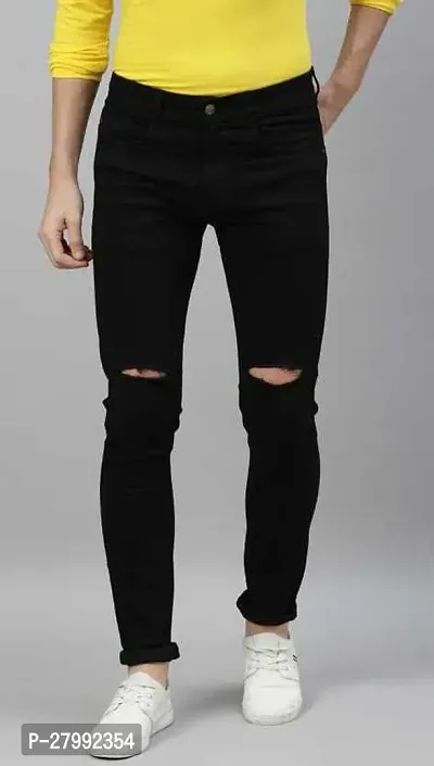 Elegant Black Denim Distress Mid-Rise Jeans For Men-thumb0