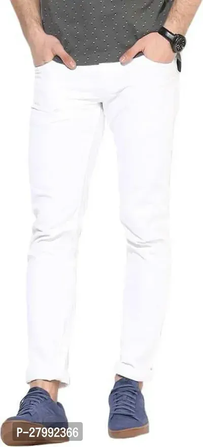 Elegant White Denim Solid Mid-Rise Jeans For Men-thumb0