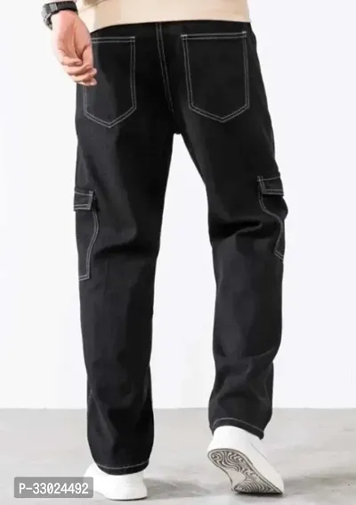 Stylish Black Cotton Blend Mid-Rise Cargos For Men-thumb2