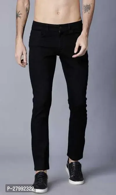 Elegant Black Denim Solid Mid-Rise Jeans For Men-thumb0