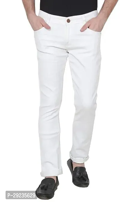 Stylish White Cotton Blend Mid-Rise Jeans For Men-thumb0