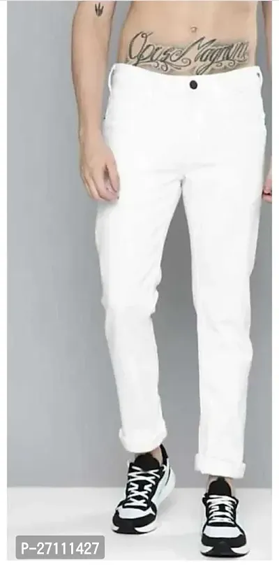 Stylish White Cotton Blend Mid-Rise Jeans For Men-thumb0