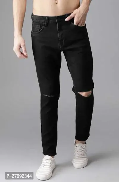 Elegant Black Denim Distress Mid-Rise Jeans For Men-thumb0