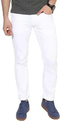 Elegant White Denim Solid Mid-Rise Jeans For Men-thumb2