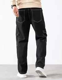 Stylish Black Denim Solid Cargos For Men-thumb1