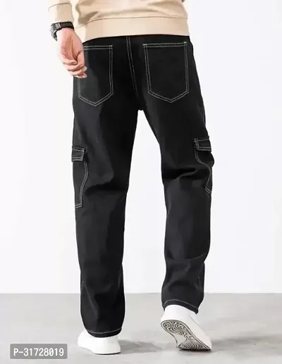 Stylish Black Denim Solid Cargos For Men-thumb2