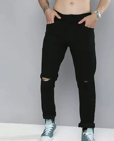 Men Black Carrot Slim Fit Mid-Rise Slash Knee Stretchable Jeans