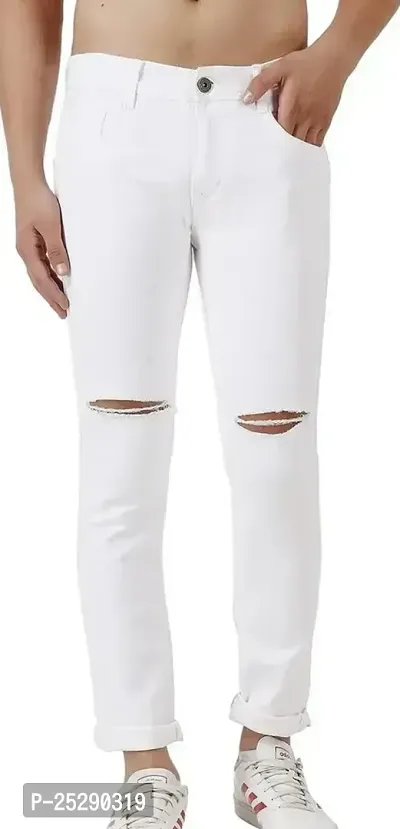 Men Knee Slit White Jeans-thumb0