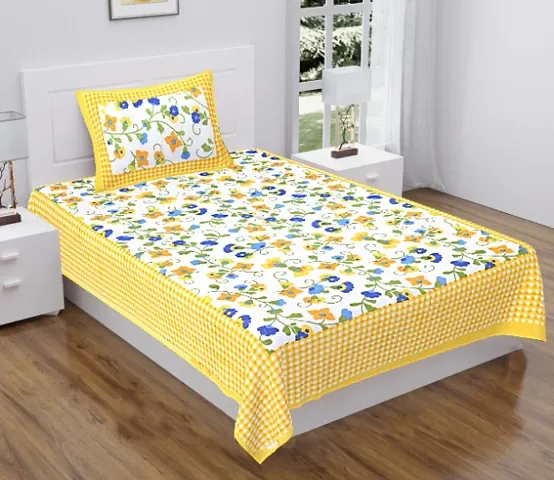 Krishna Handloom Jaipuri Cotton Bed Sheet for Single Bed / Diwan Bedsheet with One Pillow Cover Size 60 x 90 Inch Yellow Flower