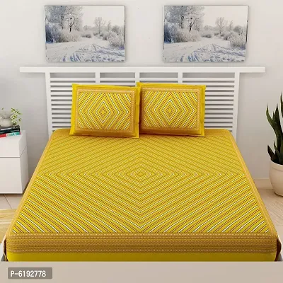 Yellow Cotton Printed Bedsheet With Two Pillow Covers-thumb0