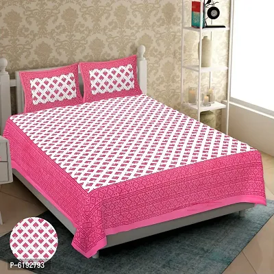 Pink and white Cotton Printed Bedsheet With Two Pillow Covers