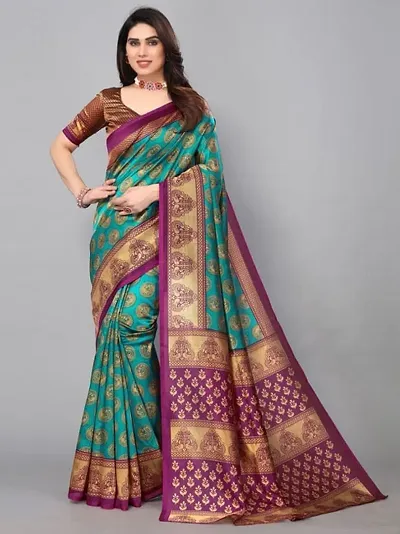 Women'S Poly Silk Printed Saree With Unstitched Blouse Piece - Rama Green