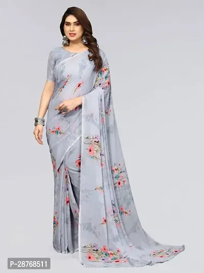 Elegant Grey Poly Crepe Saree With Blouse Piece For Women-thumb0