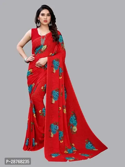 Elegant Red Poly Crepe Saree With Blouse Piece For Women