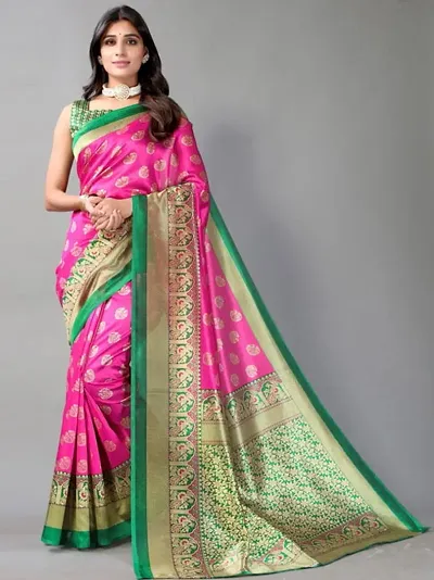Nittyaa Beautiful Printed Silk Cotton Saree with Blouse for Women_(Pink with Green) CS5
