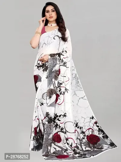 Elegant White Poly Crepe Saree With Blouse Piece For Women-thumb0