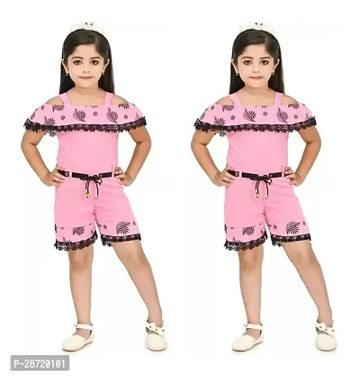 Stylish Pink Cotton Printed Basic Jumpsuit For Girls Pack Of 2