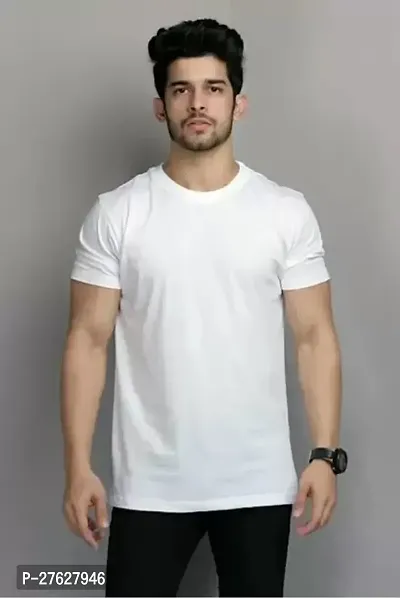 SMS TRADERS  Men Solid Round Neck Pure Cotton  TShirtWhite-thumb0