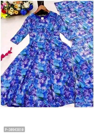 Indo-western Blue Printed Georgette Gown With Dupatta-thumb0