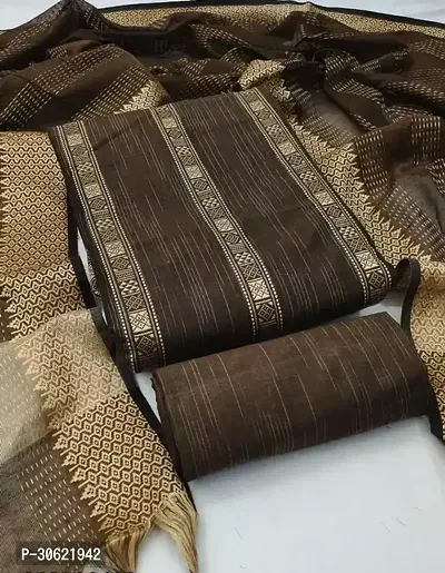 Elegant Brown Cotton Striped Dress Material with Dupatta For Women