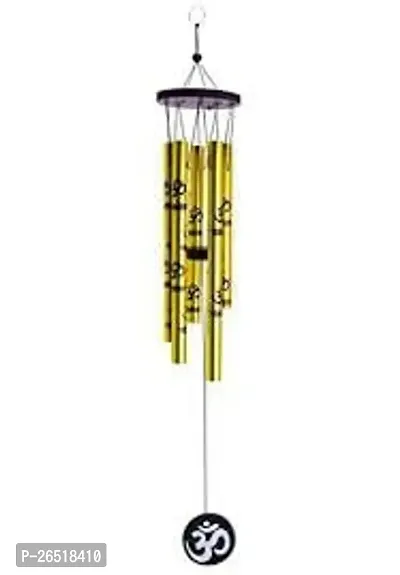 Siyaram Collections Metal Wind Chimes with 5 Golden Pipes OM Printings Home Balcony Garden Positive Energy, Home Decor Hanging Long Brass Tubes Gifts for Loved Ones (14 Inch Height) (Golden, Metal)