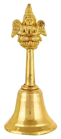 ASTROTALKS Brass Pooja Bell with Kuber Sitting On Top || Pure Brass Kuber Ganti || Ghanti for Pooja Mandir (4.5 Inches Height) (Brass, Golden)-thumb1