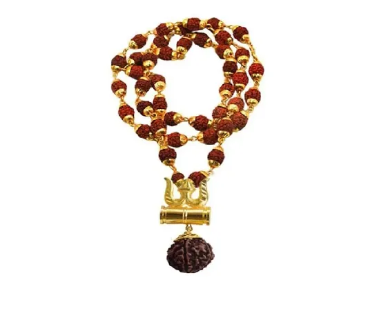 Gold-Plated Brass, Wood Lord Shiv Trishul Damru Locket with Puchmukhi Rudraksha Mala (Brown Golden)