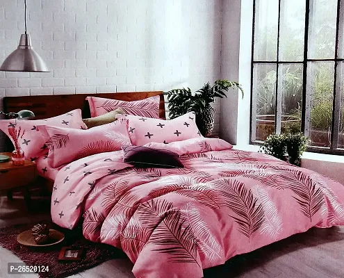SIYARAM_Homes? Glace Cotton 200TC Flat Fitted Printed Queen Size Double Bed Bedsheet with 2 Zig Zag Stiching Pillow Cover(90x100, Pink)-thumb0